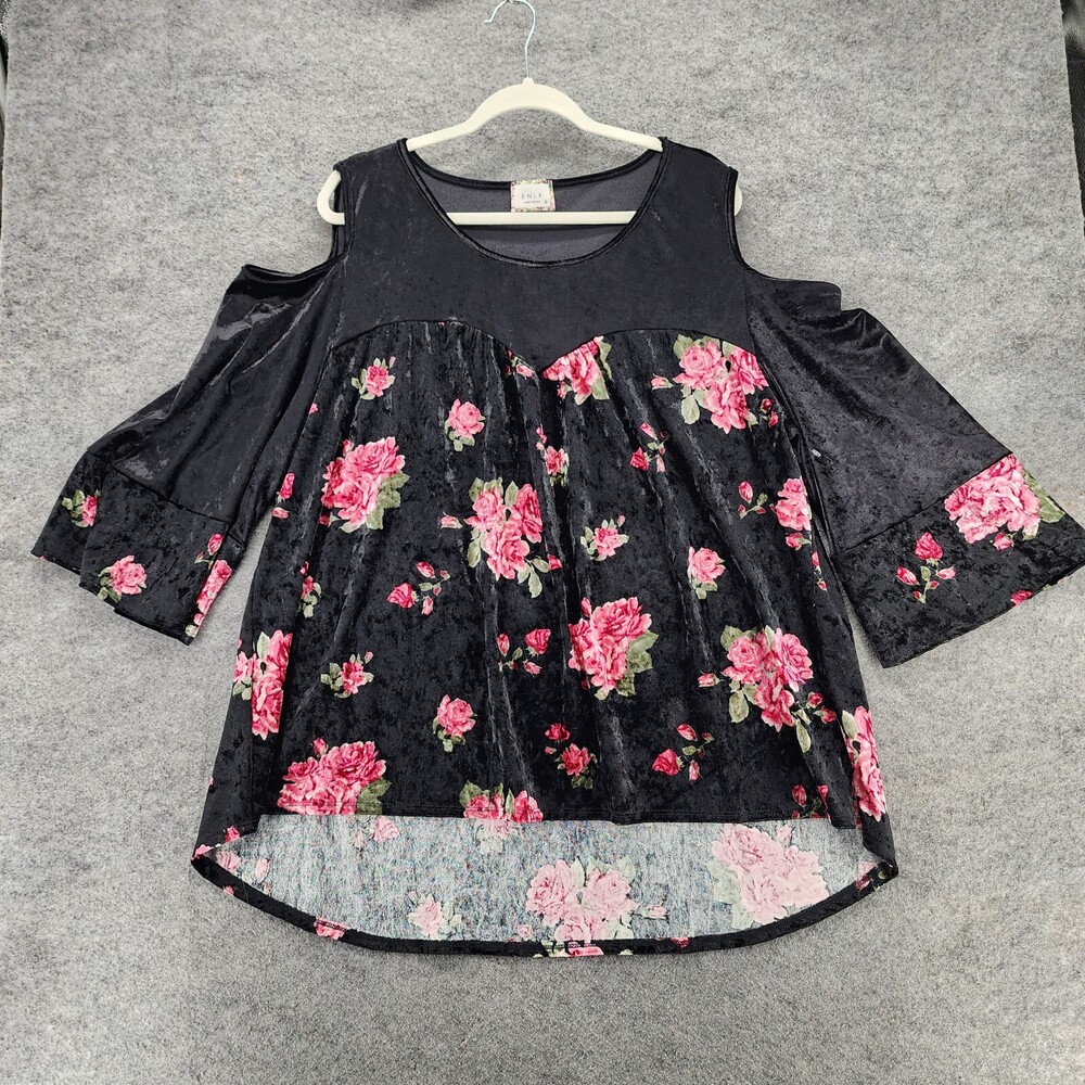 BNLK Blouse Womens 3X Cold Shoulder Bell Sleeve Black Floral Velvet